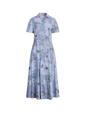 NWOT Purotatto Floral Maxi Shirt Dress Womens 46 US 10 Blue White Cotton Stripe